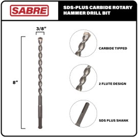 Sabre Tools 5-Pack 3/8 Inch x 8 Inch SDS Plus Rotary Hammer Drill Bits, Carbide Tipped for Brick, Stone and Concrete (3/8” x 6" x 8")