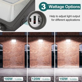 kadision 150W LED Wall Pack 120W 100W Adjustable, 19500lm 5000K 120-277V Dusk-to-Dawn Outdoor Lighting Exterior Light for House Parking Lot Warehouse Entrance, ETL Listed