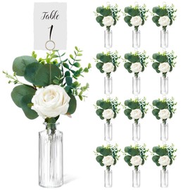 Threehoney 12 Set Artificial Flowers with Vases and Table Number Holder 72 Pcs Glass Bud Vases, Fake Plants and Card Holder Picks Flower Table Centerpieces DIY Set for Wedding Home Dining Party Decor