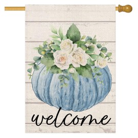 Asminifor Fall Pumpkin Welcome Garden Flag 28x40Inch Double Sided, Seasonal Autumn Harvest Thanksgiving Stripe Rustic Farmhouse Magnolia Floral Yard Outdoor Decoration Burlap Yard Flag