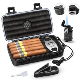 Flauno Travel Cigar Humidor Case - Portable Humidor Kit with Lighter (Without Gas), Cutter, Holder, Humidifier & Dropper, Waterproof, Crushproof, Airtight Seal (Holds up to 5 Cigars)