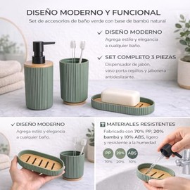 Set de Accesorios de Baño 3 Piezas, Dispensador de Jabón con Bomba, Vaso y Bandeja, Diseño Moderno con Detalles de Bambú, Resistente (Verde, Lineas)