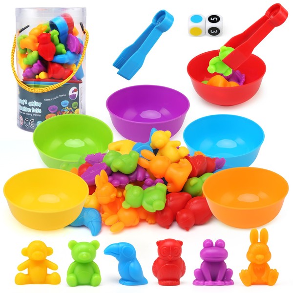 LEADSTAR Montessori Counting Toys, 46pcs Rainbow Counting Animals with Matching