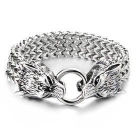 COOLSTEELANDBEYOND Biker Mens Stainless Steel Wolf Head Franco Link Curb Chain Bracelet with Spring Ring Clasp, Length 8.66", Width 0.71", Stainless Steel, no gemstone