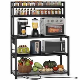 Denkee 39.4 Inch Wide Large Bakers Rack with 3 Power Outlets, 5-Tier Microwave Stand with Storage, Freestanding Kitchen Stand, Coffee Bar Stand, Charcoal Black