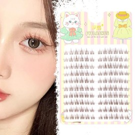 Coffee color individual false eyelashes cluster, long natural false eyelashes, soft transparent stem false eyelashes, invisible bands, handmade eye makeup tools