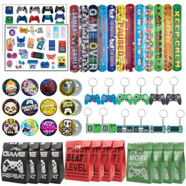 Mooshy Pack of 62 Video Game Party Favours Children's Birthday Boy with Slap Bracelets Video Game Key Ring and Tattoo Stickers Lapel Pins Party Accessories Video Game Guest Gift for Children
