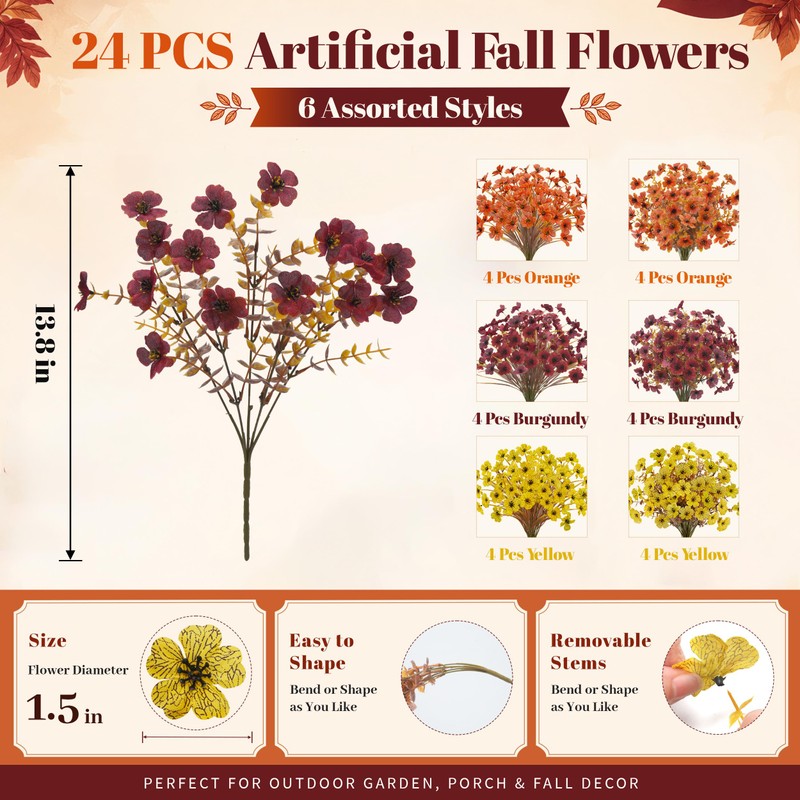 Der Rose 24Pcs Artificial Fall Flowers for Outdoors Porch Autumn