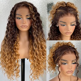 13x6 Omber Brown to Blonde HD Glueless Curly Lace Frontal Wigs Pre-Plucked, Deep Wave Lace Front Wig Similar Human Hair 200 Density, Synthetic Curly Wig for Black Woman Ready to Wear（26 inch）