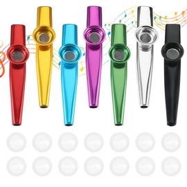 Set of 7 Kazoo Instruments, Metal Kazoos with 14 Interchangeable Membranes, Nose Flute, Suitable for Children, Adults and Music Beginners, Colourful Kazoo for Children's Party Favours Gifts