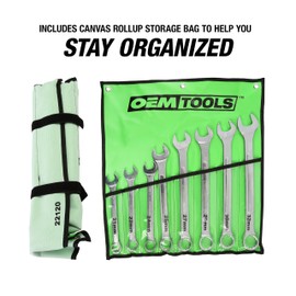 OEMTOOLS 22120 8 Piece Combination Wrench Set | 21, 22, 24, 25, 27, 29, 30, & 32 mm | Box End & Offset Open-End Combination Wrenches | Automobile Repair & Home Use | Green Canvas Tool Roll Included
