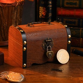 IMIKEYA Vintage Treasure Storage Box, Pirate Treasure Chest Vintage Handmade Decorative Wooden Box Piggy Bank Organizer Saving Box Case with Lock for Home Decoration
