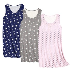 Ekouaer 3 Pack Nightgowns for Women Sleeveless Sleepwear Button Down Nightshirt Wide Strap Tank Sleep Shirt(Navy Blue Moon,Pentagram,Pink Print,XL)