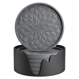 ME.FAN Silicone Coasters [6 Pack] Coasters with Holder - Drinking Coasters - Cup Mat for Drinks - Live for Hot or Cold Drink Thickened, Non-Slip, Non-Stick, Deep Tray Deep Grey