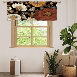 MitoVilla Black Boho Kitchen Curtains Valances, Bohemian Floral Pattern Semi Sheer Kitchen Valances for Living Room, Rod Pocket Short Window Treatment Decor, 52x18