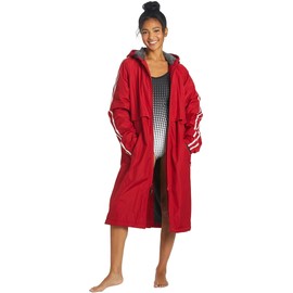 Sporti Unisex Swim Striped Parka with Plush Fleece Lining, Multi Pocket Zipper - Swim Coats for Women & Men - Quick Drying & Water Resistant Changing Robe - Red Shell/Charcoal Lining - Medium