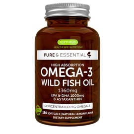 Pure  Essential Super Concentrated rTG Omega 3 1000mg, Wild Fish Oil 1000mg EPA DHA, 21 Ratio, Non-GMO, Astaxanthin 1mg, Lemon Flavor, 180 Capsules   