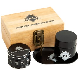 KOZO Premium Bamboo Box with Original Grinders, Tray, and UV Jar. Built-in Lock & Keys - Decorative Wooden Storage Box Set - Perfect for Your Accessories (Wood) (Modern)