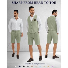 Linen Suits for Men Green 2 Piece Vests Short Pants Mens Suit Casual Summer Beach Groomsmen Wedding Waistcoat Set Outfit L