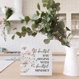FLVGE Inspirational Wooden Box Sign Desk Decor,Motivational Sign,Cheer Up Gifts for Friends Women,A Beautiful Day Begins with A Beautiful Mindset Sign,5x5
