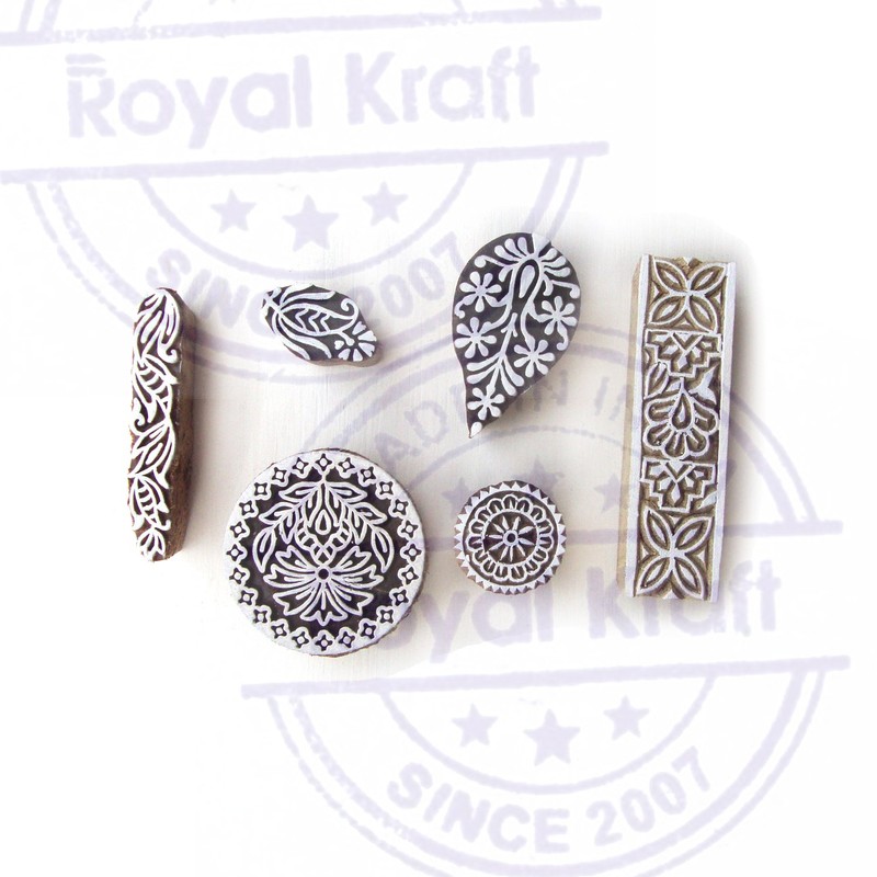 Handmade Round and Leaf Pattern Wooden Printing Blocks (Set of