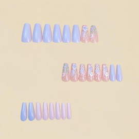 24Pcs Press on Nails Medium Coffin French Tip with Purple Pink Flowers Design Acrylic Nails Fake Nails Thick Glossy Full Cover Glue on Nails Stick on Nails for Women Y883