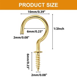 Biaungdo 120 Pack 1/2 Inch Small Screw Hooks with Plastic Box, Gold Self-Tapping Ceiling Cups Hooks for Hanging