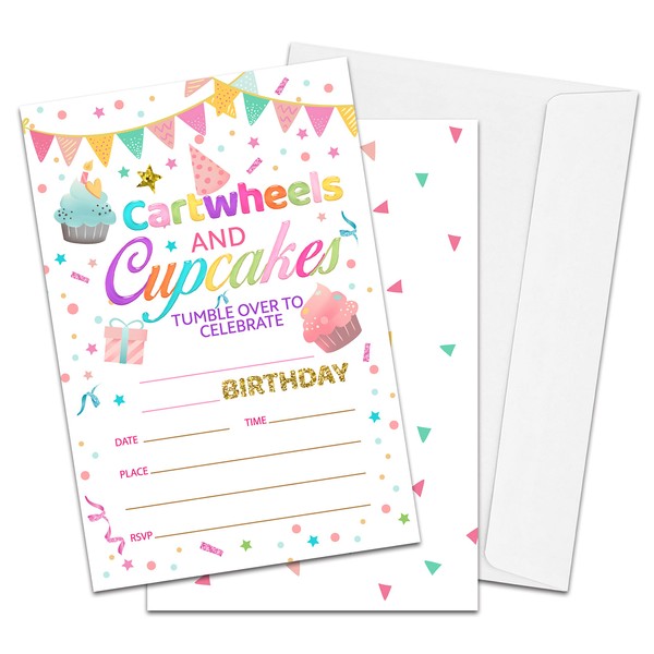 Birthday Party Invitations for Girls or Boys, Cupcake Theme Birthday Parties Decorations, Colorful Flag & Confetti Fill-in Invites, 4" x 6" Double-sided Cards(20 Invitations and Envelopes)-B01