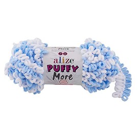 Alize Puffy More Colour Knitting Yarn 10 x 150 g, Finger Knitting Wool without Needle, Choice of Colours, Colour: 6266 White/Light Blue