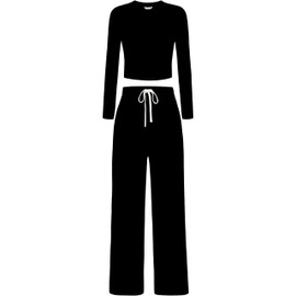 QCHENG Women's 2 Piece Sets Fall Outfits Long Sleeve Wide Leg Tracksuits Casual Sweat Sets Lounge Set Black XS