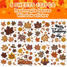 Heirloom Haven 8 Sheets Thanksgiving Fall Leaves Window Clings,Maple Leaves Pine Cones Turkey Window Stickers for Autumn Thanksgiving Home Holiday Party Store Glass Decoration