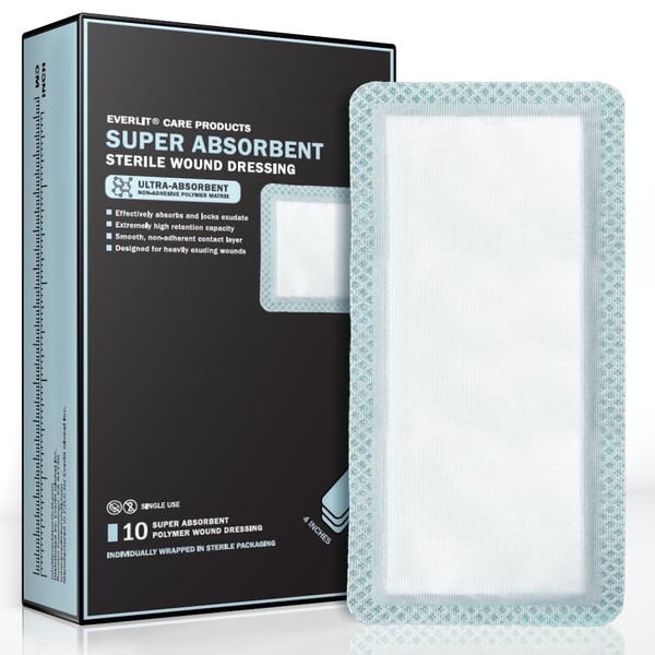 EVERLIT Super Absorbent Dressing for Wound Care | Nonstick Soft Surgical Gauze Pad for Heavily Exuding Wounds | Large Sterile Non-Adhesive Bandage for Fast Healing Wound Care | Pack of 10 (4" x 8")