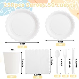 LIYH 350 Pcs White Paper Plates and Napkins 50 Guest Party Supplies Include White Scalloped Disposable Paper Plates Cocktail Napkins Cups Cutlery for Baby Shower,Birthday
