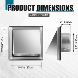 Gisafai 4" Dryer Vent Cover Outdoor with Stainless Steel Screen Sliver Guard Wall Dryer Exhaust Vent Cover External Cap Cushioned Non Return Flap with Sealing Gasket Grille