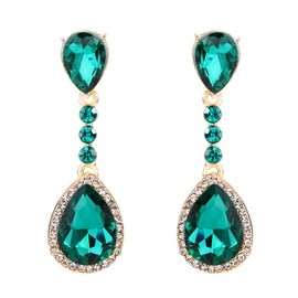 Clearine Crystal Teardrop Dangle Round Gemstone Clip-On Earrings for Women Costume Statement Wedding Bridal Jewellery Green Emerald Colour Gold Toned