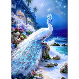 NAIMOER White Peacock Diamond Painting Kits for Adults,Peacock in Beach Diamond Painting, DIY 5D Diamond Painting Fantasy Castle Diamond Art Kits Picture for Home Wall Decor 30x40cm
