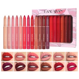 RoseFlower 12 Colors Lipsticks Set, Non-stick Cup Lipstick Lip liner Set, Matte Velvet Nude Lipstick Pen with Pencil Sharpener Automatic lip liner set Lip Makeup Set for Women