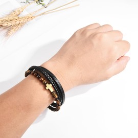 WOVEE Leather Bracelet for Son from Dad Mum Cross Stainless Steel Bracelet Natural Stones Tiger's Eye Magnetic Closure with "I Love You" Engraving Christmas Jewellery, Leather