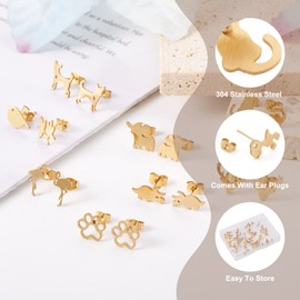 Crafans 16 Pairs Animal Stud Earrings 16 Style Stainless Steel Dog Cat Paw Print Elephant Dinosaur Bear Flamingo Swan Cute Earrings Packs for Teen Girls Women, Golden
