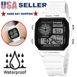 Synoke Mens Digital Sports Watch Waterproof Military Tactical LED Backlight Wristwatch - White