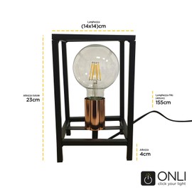 ONLI Urban Floki Style Metal Table Lamp Black and Copper Lamp Holder 14 x 14 cm Height 23 cm