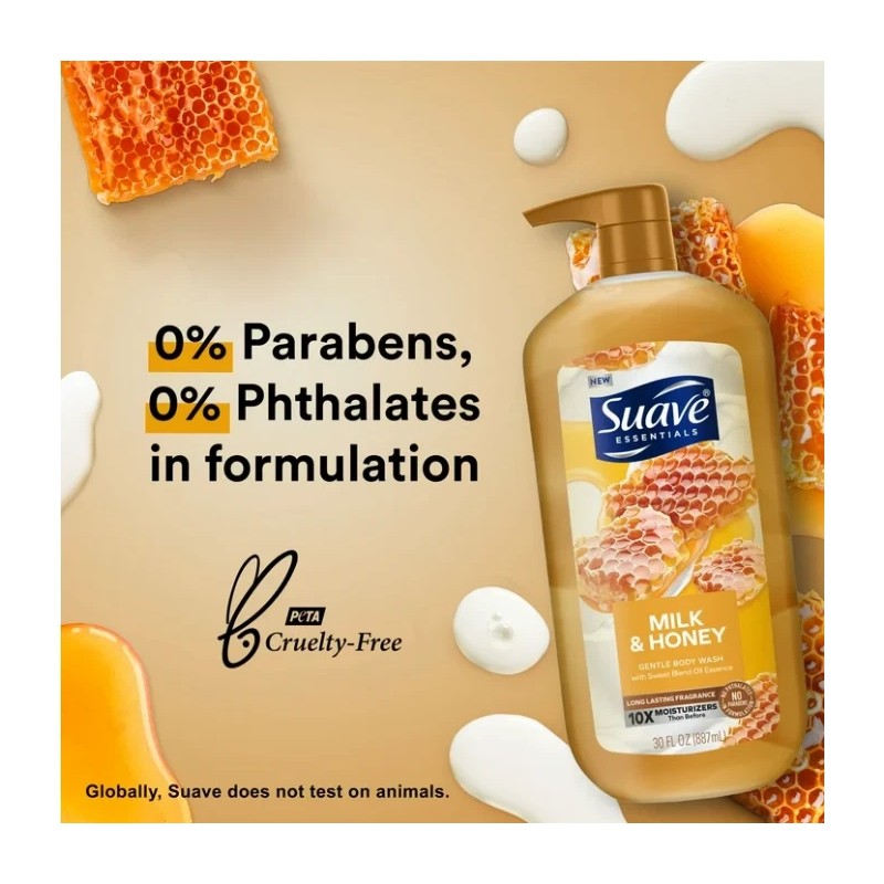 Suave Essentials Gentle Body Wash, Milk & Honey, 30 oz