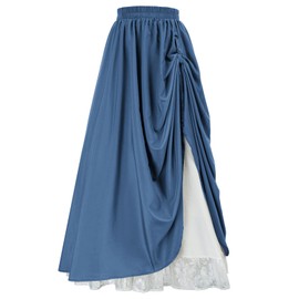 Women's Vintage Maxi Long Skirt Double-Layer Victorian Renaissance Skirts, Denim Blue, Small