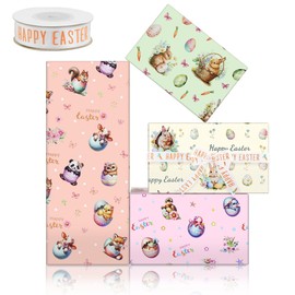 Happy Easter Wrapping Paper with Ribbon for Kids Adults,4 Sheets Easter Eggs with Bunny Chick Frog Hippo Flower Animal Gift Wrapping Paper for Easter Holiday Spring Party Gift Wrap,28 x 20 Inch
