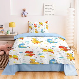 INTOMENG Kids Dinosaur Print Duvet Cover Set 135×200cm with 50×75cm Pillowcase Cartoon Animal Pattern Bedding Set for Boys 3D Dinosaur Microfibre Bedding Sets