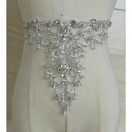 Sparkle Rhinestone Applique Crystal V-Neck Motif Lace Pair Embellished Bling Addition for Shoulder Bodice Party Wedding Dress Accessories (Silver)