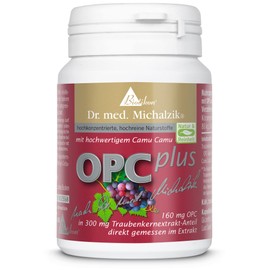 OPC Plus according to Dr. Michalzik - 72 Vegan Capsules - 300 mg Extract from Vitis Vinifera - 160 mg OPC 50 mg Pure CamuCamu Extract (Vitamin C) per Capsule - No Additives - from BIOTIKON®