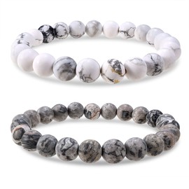 Bivei Natural Gemstone Semi Precious Crystals Handmade Stretchy Round Beads Bracelet, Enhance Positive Energy(Howlite & Picasso Jasper (Good Sleep) Small)