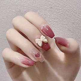 Faith Force 24 Piece Set Nail Tips, Medium Length, 3D Butterfly Clothing, For Everyday Commutes, Commutes, School Entrance Ceremonies, Graduation Ceremonies, Dating, Cute, Sexy, False Nail Supplies, Short Decoration, Perfect for False Nails (Red - X28)