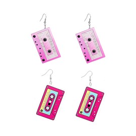 2 Pairs 80s 90s Neon Earrings for Women Retro Pendant Acrylic Cassette Tape Drop Dangle for 80's Outfit Accessories, Acrylic, No Gemstone